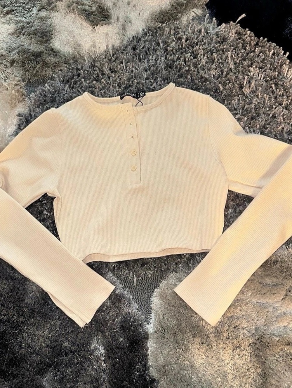 Nasty Gal Cream Ribbed Button Down Long Sleeve Crop Top US 8 NWT